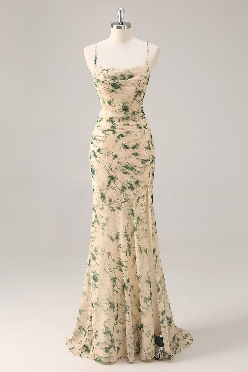 Laden Sie das Bild in den Galerie-Viewer, Champagner Meerjungfrau Brautjungfernkleid mit Blumenmuster und Schlitz