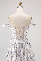 Laden Sie das Bild in den Galerie-Viewer, Lila Geblümtes Schulterfreies Brautjungfernkleid in A-Linie mit Schnürung