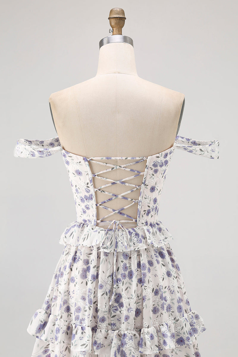 Laden Sie das Bild in den Galerie-Viewer, Lila Geblümtes Schulterfreies Brautjungfernkleid in A-Linie mit Schnürung