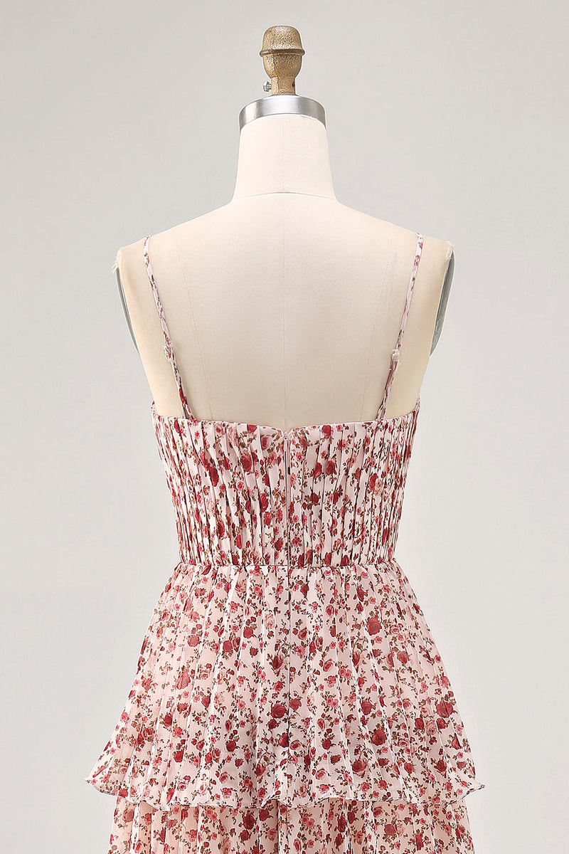 Laden Sie das Bild in den Galerie-Viewer, Blush Blumen A Linie Spaghettiträger Bedrucktes Gestuftes Hochzeitsgastkleid