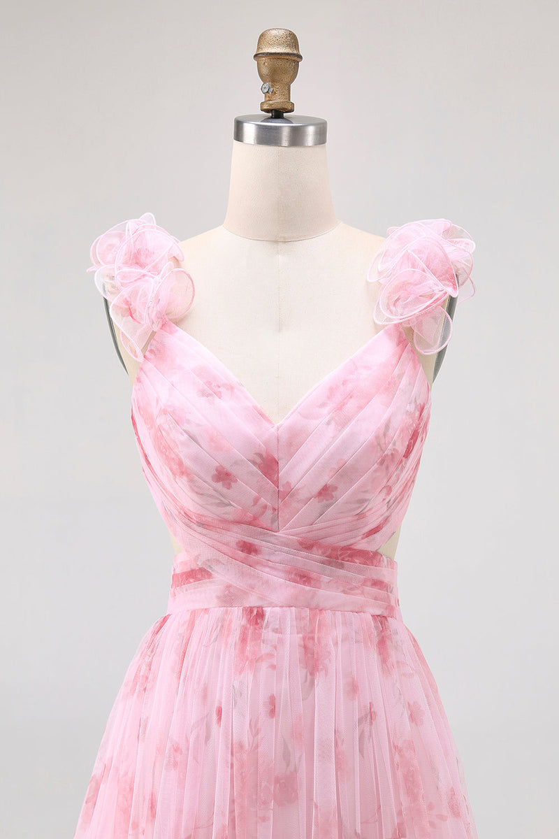 Laden Sie das Bild in den Galerie-Viewer, Langes Geblümtes Brautjungfernkleid aus Tüll mit Rüschen und Blumendruck