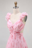 Laden Sie das Bild in den Galerie-Viewer, Langes Geblümtes Brautjungfernkleid aus Tüll mit Rüschen und Blumendruck