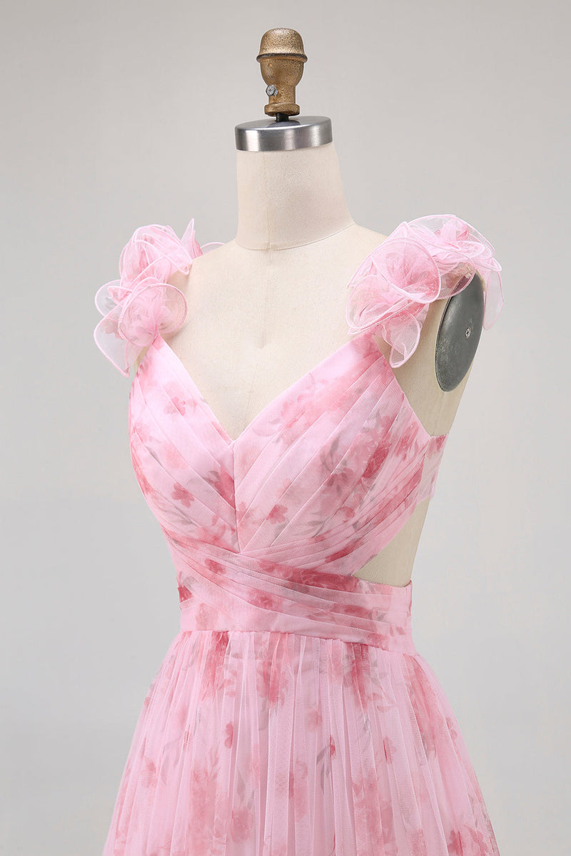 Laden Sie das Bild in den Galerie-Viewer, Langes Geblümtes Brautjungfernkleid aus Tüll mit Rüschen und Blumendruck