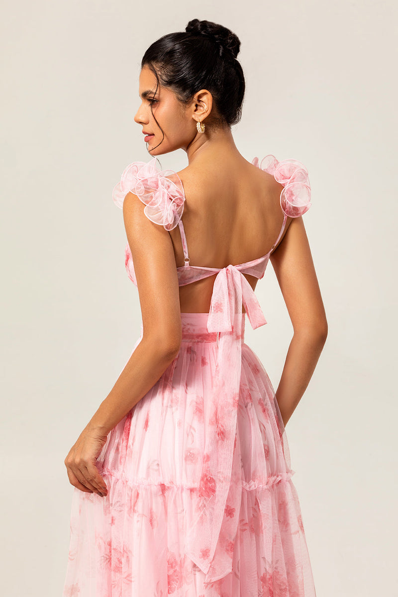 Laden Sie das Bild in den Galerie-Viewer, Langes A-Linie Geblümtes Brautjungfernkleid aus Tüll mit Blumenmuster