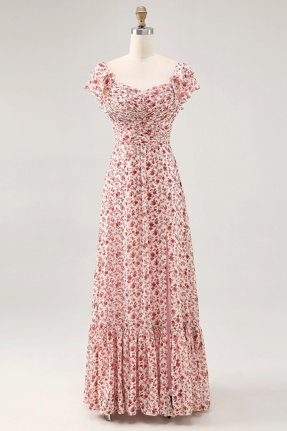 Blush Blumen Druck Rüschen A Linie Hochzeitsgastkleid mit Schlitz