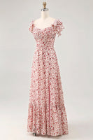 Laden Sie das Bild in den Galerie-Viewer, Blush Blumen Druck Rüschen A Linie Hochzeitsgastkleid mit Schlitz