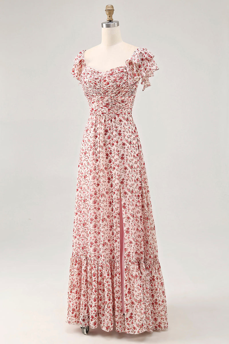 Laden Sie das Bild in den Galerie-Viewer, Blush Blumen Druck Rüschen A Linie Hochzeitsgastkleid mit Schlitz