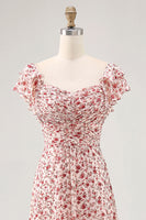 Laden Sie das Bild in den Galerie-Viewer, Blush Blumen Druck Rüschen A Linie Hochzeitsgastkleid mit Schlitz