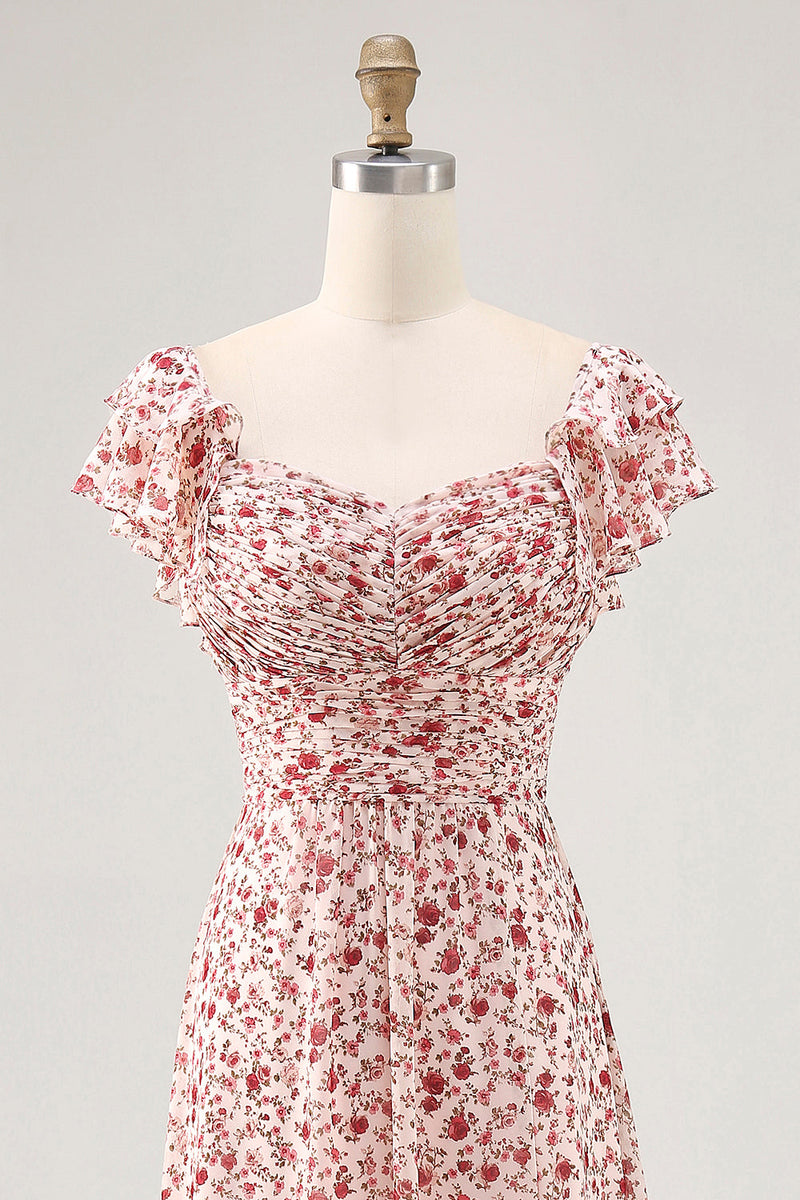 Laden Sie das Bild in den Galerie-Viewer, Blush Blumen Druck Rüschen A Linie Hochzeitsgastkleid mit Schlitz