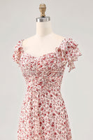 Laden Sie das Bild in den Galerie-Viewer, Blush Blumen Druck Rüschen A Linie Hochzeitsgastkleid mit Schlitz