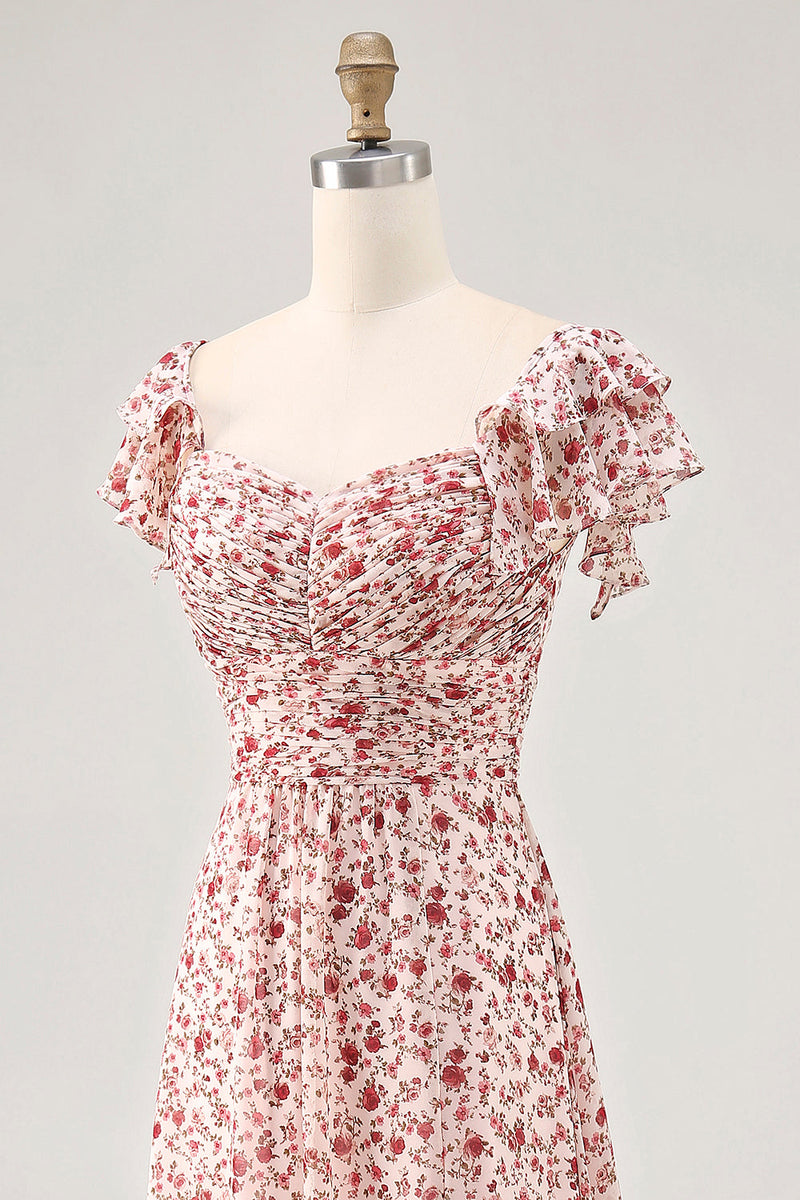 Laden Sie das Bild in den Galerie-Viewer, Blush Blumen Druck Rüschen A Linie Hochzeitsgastkleid mit Schlitz