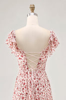 Laden Sie das Bild in den Galerie-Viewer, Blush Blumen Druck Rüschen A Linie Hochzeitsgastkleid mit Schlitz