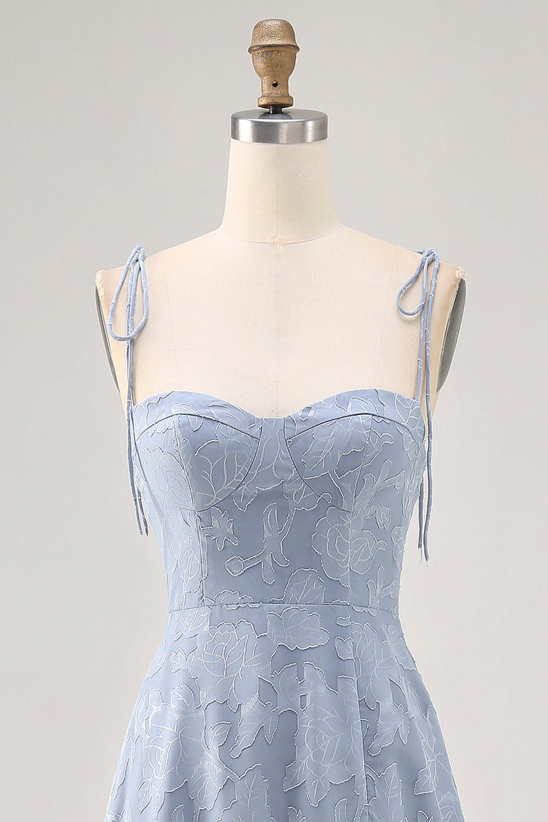 Laden Sie das Bild in den Galerie-Viewer, Staubblaues A Linie Midi Spaghettiträger Hochzeitsgastkleid mit Schlitz