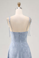 Laden Sie das Bild in den Galerie-Viewer, Staubblaues A Linie Midi Spaghettiträger Hochzeitsgastkleid mit Schlitz