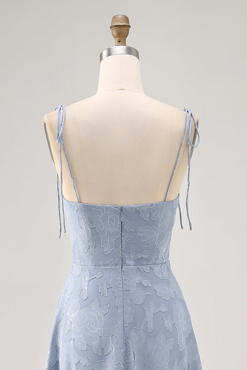 Laden Sie das Bild in den Galerie-Viewer, Staubblaues A Linie Midi Spaghettiträger Hochzeitsgastkleid mit Schlitz