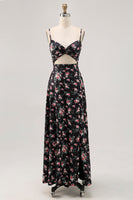 Laden Sie das Bild in den Galerie-Viewer, Schwarze Blume A-Linie Langes Hochzeitsgastkleid