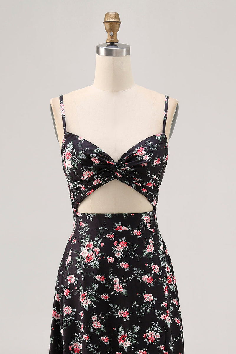 Laden Sie das Bild in den Galerie-Viewer, Schwarze Blume A-Linie Langes Hochzeitsgastkleid