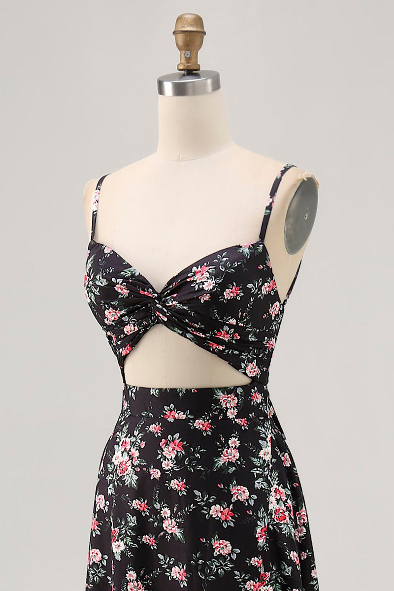 Laden Sie das Bild in den Galerie-Viewer, Schwarze Blume A-Linie Langes Hochzeitsgastkleid