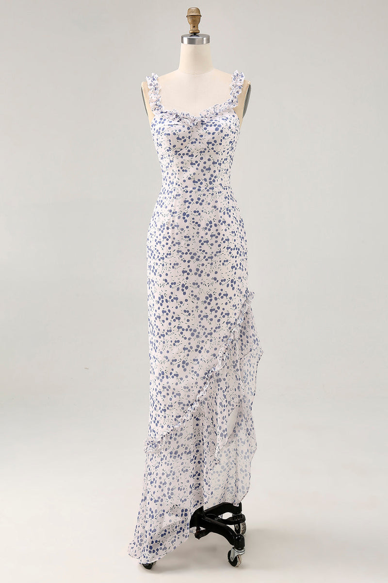 Laden Sie das Bild in den Galerie-Viewer, Blumen Rüschen Bedruckte Etui Blaues Asymmetrisches Hochzeitsgastkleid