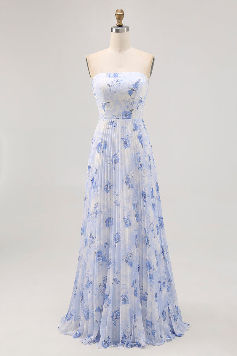 Laden Sie das Bild in den Galerie-Viewer, Blaues Geblümtes Trägerloses Langfaltiges Brautjungfernkleid in A-Linie