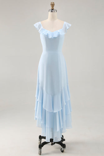 Himmelblaues Brautjungfernkleid mit Rundhalsausschnitt