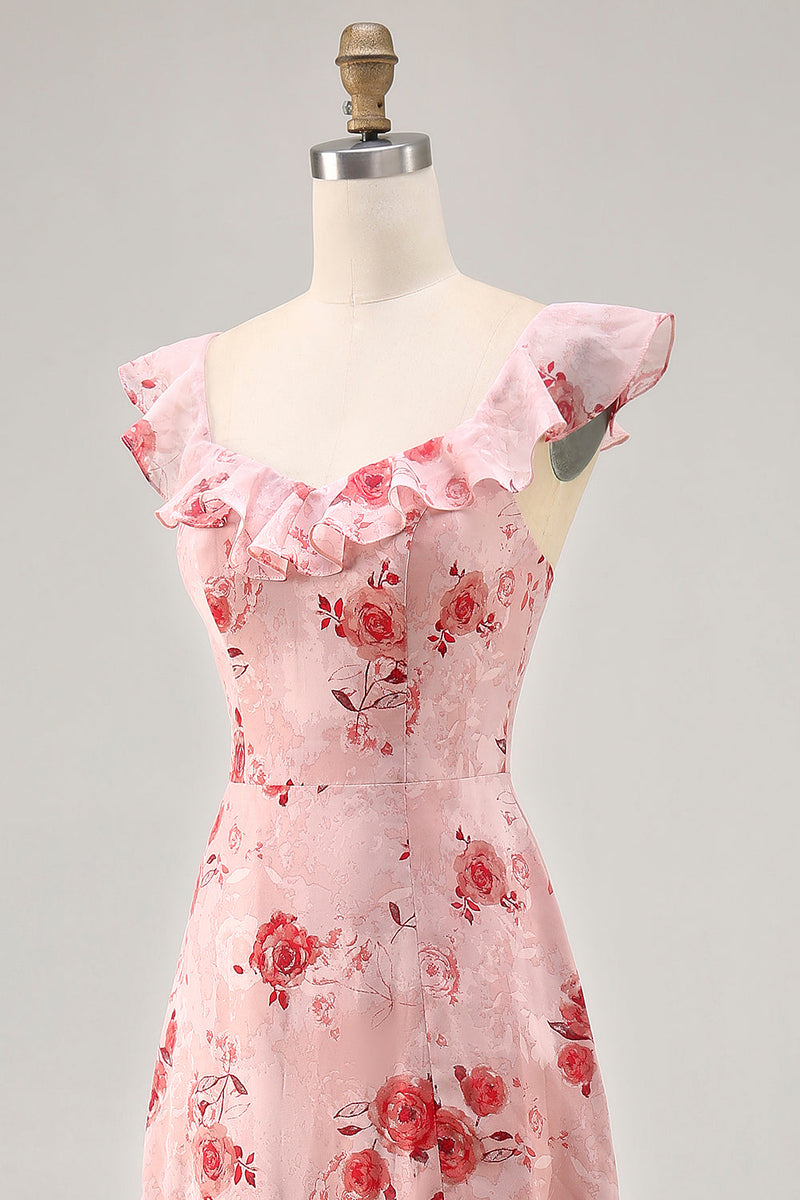 Laden Sie das Bild in den Galerie-Viewer, Bedrucktes Kleid für Hochzeitsgäste mit rosa Blume in A-Linie