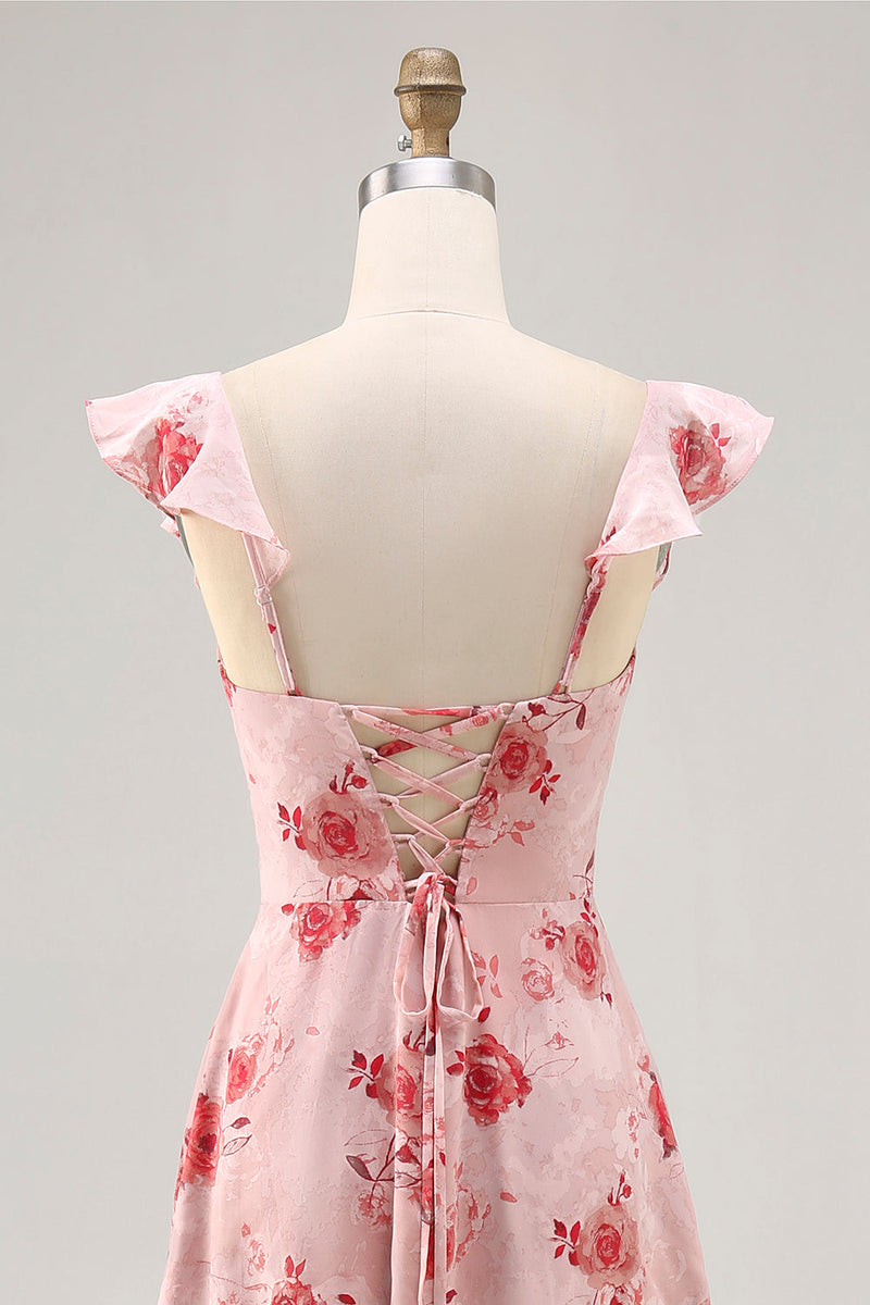 Laden Sie das Bild in den Galerie-Viewer, Bedrucktes Kleid für Hochzeitsgäste mit rosa Blume in A-Linie