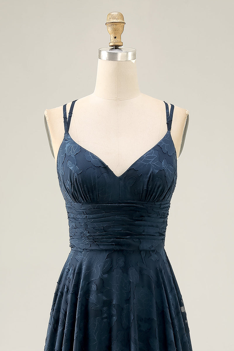 Laden Sie das Bild in den Galerie-Viewer, Blumen A Linie Marineblaues Bedrucktes Langes Hochzeitsgastkleid