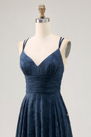 Laden Sie das Bild in den Galerie-Viewer, Blumen A Linie Marineblaues Bedrucktes Langes Hochzeitsgastkleid