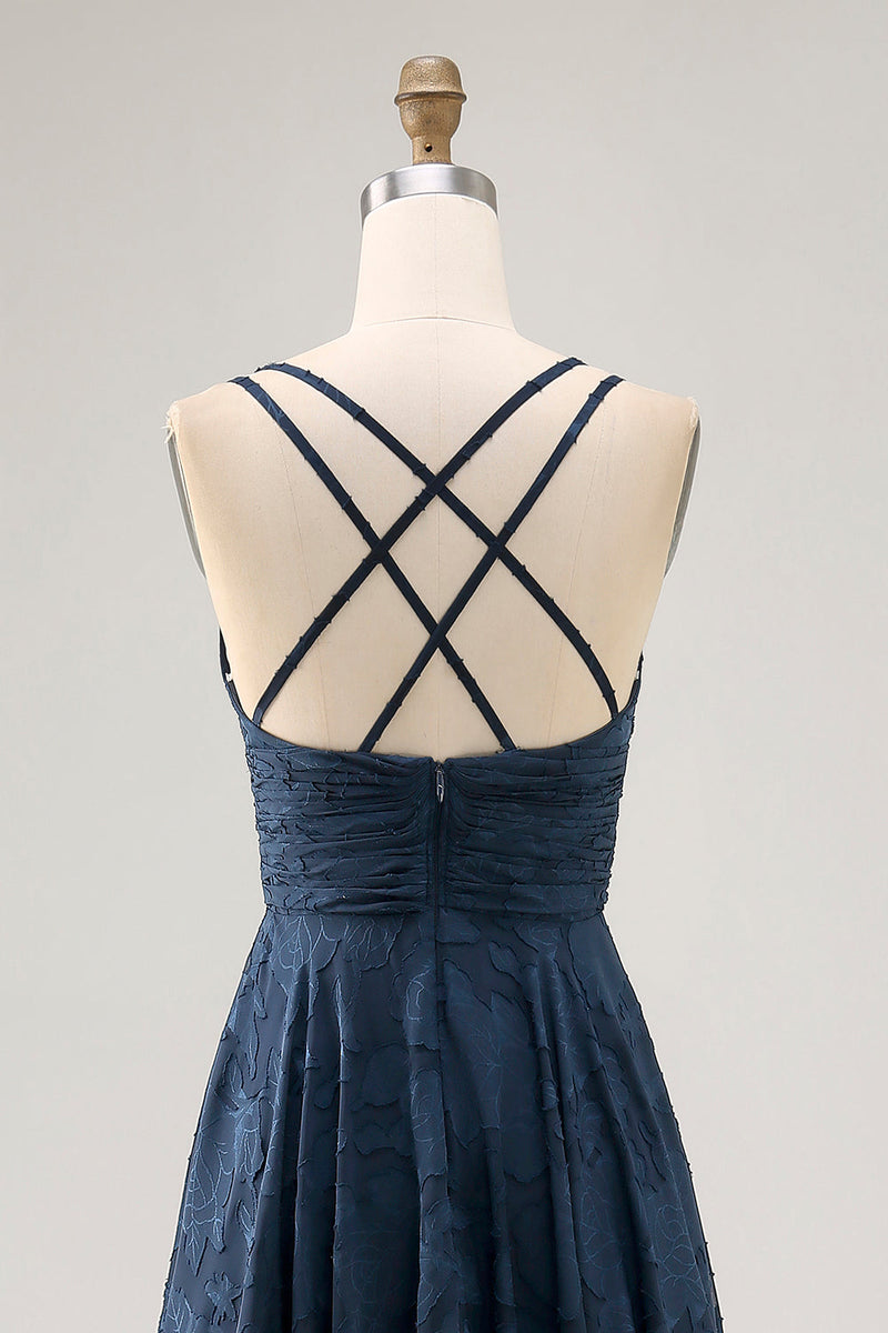 Laden Sie das Bild in den Galerie-Viewer, Blumen A Linie Marineblaues Bedrucktes Langes Hochzeitsgastkleid