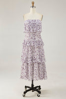 Laden Sie das Bild in den Galerie-Viewer, Lila Schulterfreies Kleid für Hochzeitsgäste mit Blumendruck in A-Linie