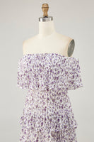Laden Sie das Bild in den Galerie-Viewer, Lila Schulterfreies Kleid für Hochzeitsgäste mit Blumendruck in A-Linie
