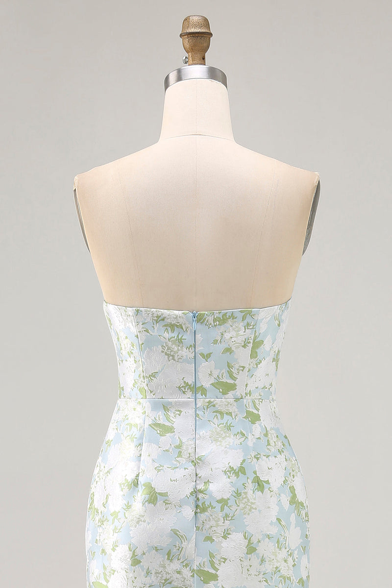 Laden Sie das Bild in den Galerie-Viewer, Trägerloses Bedrucktes Weißes Blaues Etui Brautjungfernkleid mit Blumen