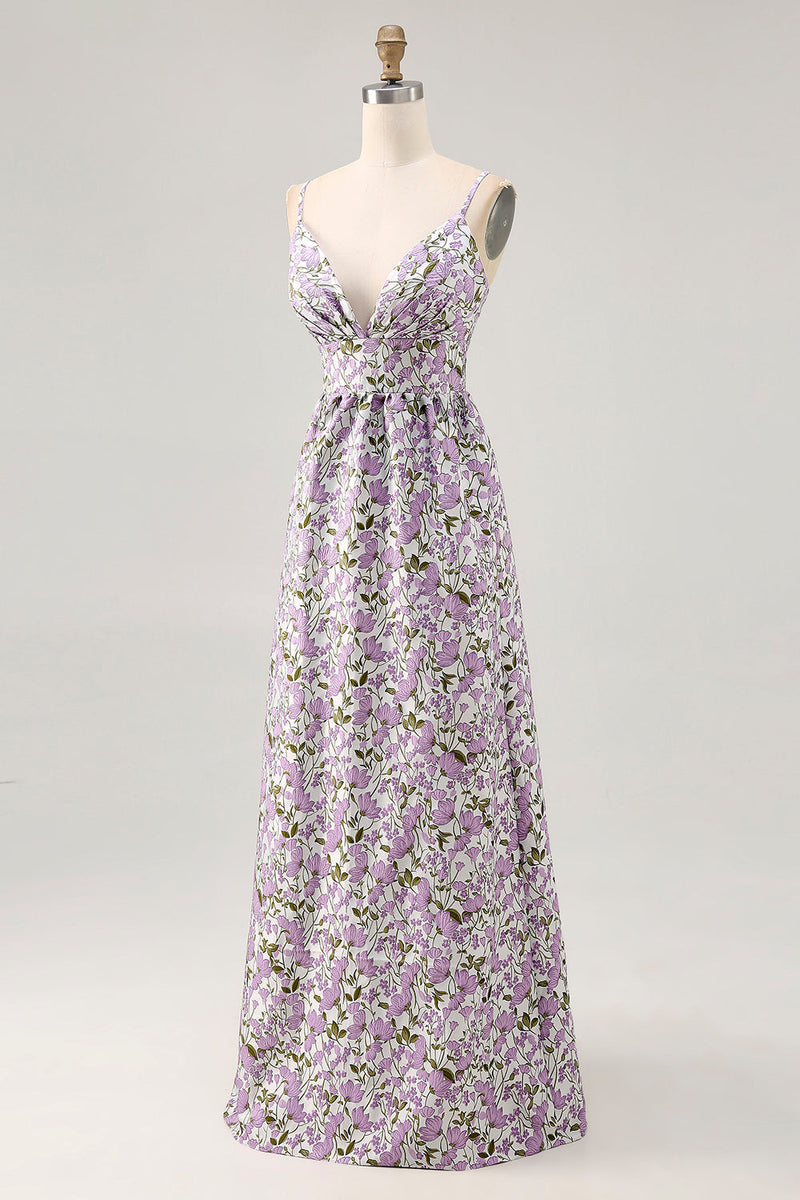 Laden Sie das Bild in den Galerie-Viewer, Lila Blume A Linie Bedrucktes Spaghettiträger Hochzeitsgastkleid