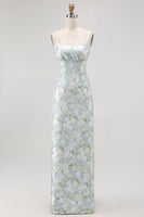 Laden Sie das Bild in den Galerie-Viewer, Blau Weiß Blumen Spaghettiträger Bedruckte Etui Brautjungfernkleid