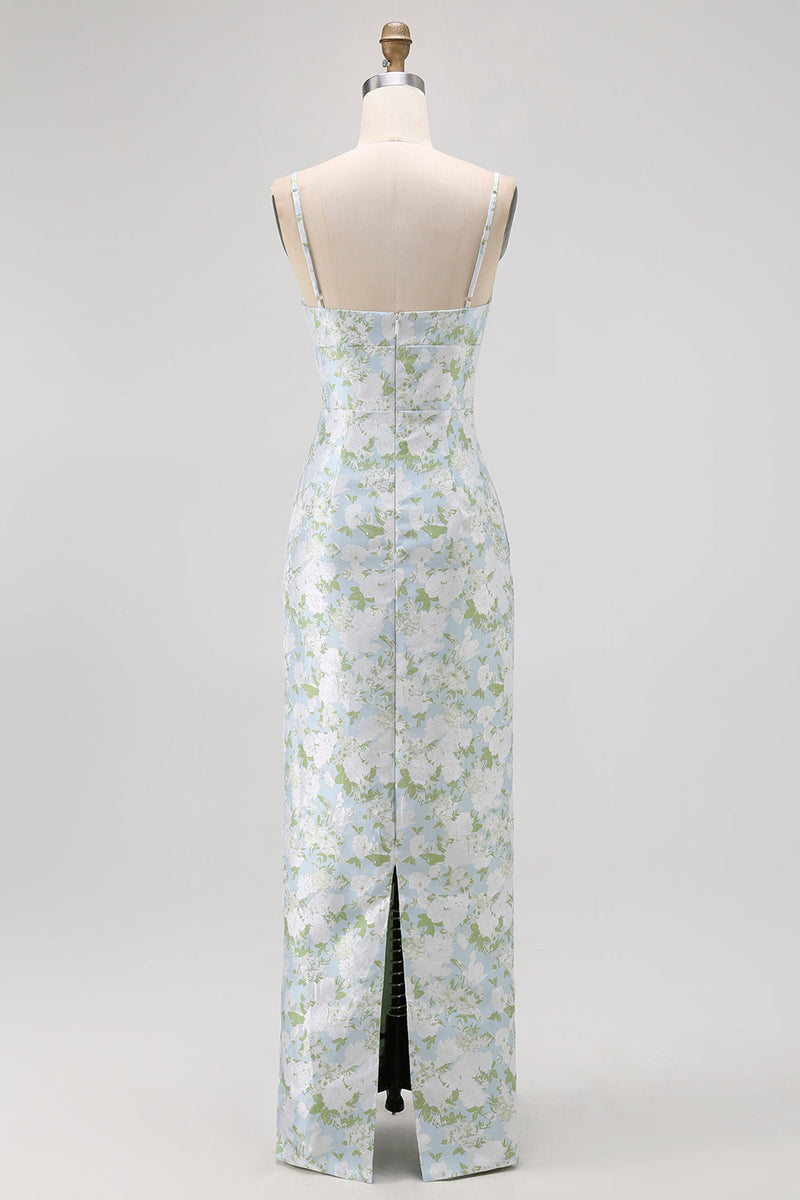 Laden Sie das Bild in den Galerie-Viewer, Blaues Spaghettiträger Satin Blumen Langes Brautjungfernkleid mit Taschen