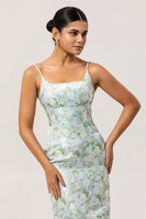 Laden Sie das Bild in den Galerie-Viewer, Blau Weiß Blumen Spaghettiträger Bedruckte Etui Brautjungfernkleid