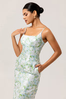 Laden Sie das Bild in den Galerie-Viewer, Blau Weiß Blumen Spaghettiträger Bedruckte Etui Brautjungfernkleid