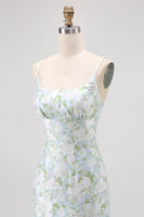 Laden Sie das Bild in den Galerie-Viewer, Blau Weiß Blumen Spaghettiträger Bedruckte Etui Brautjungfernkleid