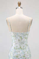 Laden Sie das Bild in den Galerie-Viewer, Blau Weiß Blumen Spaghettiträger Bedruckte Etui Brautjungfernkleid