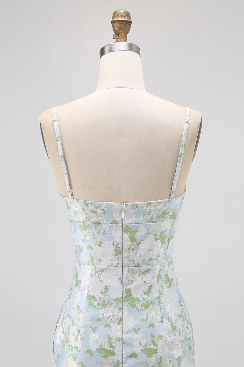 Laden Sie das Bild in den Galerie-Viewer, Blaues Spaghettiträger Satin Blumen Langes Brautjungfernkleid mit Taschen