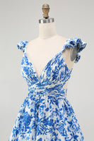 Laden Sie das Bild in den Galerie-Viewer, Blaues Geblümtes A-Linie Gestuftes Langes Brautjungfernkleid mit V-Ausschnitt