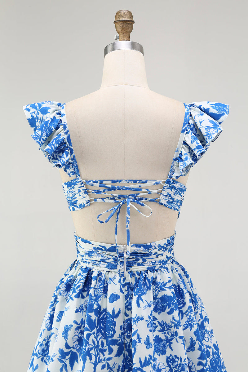 Laden Sie das Bild in den Galerie-Viewer, Blaues Geblümtes A-Linie Gestuftes Langes Brautjungfernkleid mit V-Ausschnitt