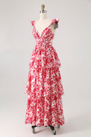 Laden Sie das Bild in den Galerie-Viewer, Blaues Geblümtes A-Linie Gestuftes Langes Brautjungfernkleid mit V-Ausschnitt