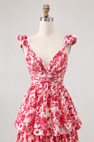 Laden Sie das Bild in den Galerie-Viewer, Blaues Geblümtes A-Linie Gestuftes Langes Brautjungfernkleid mit V-Ausschnitt