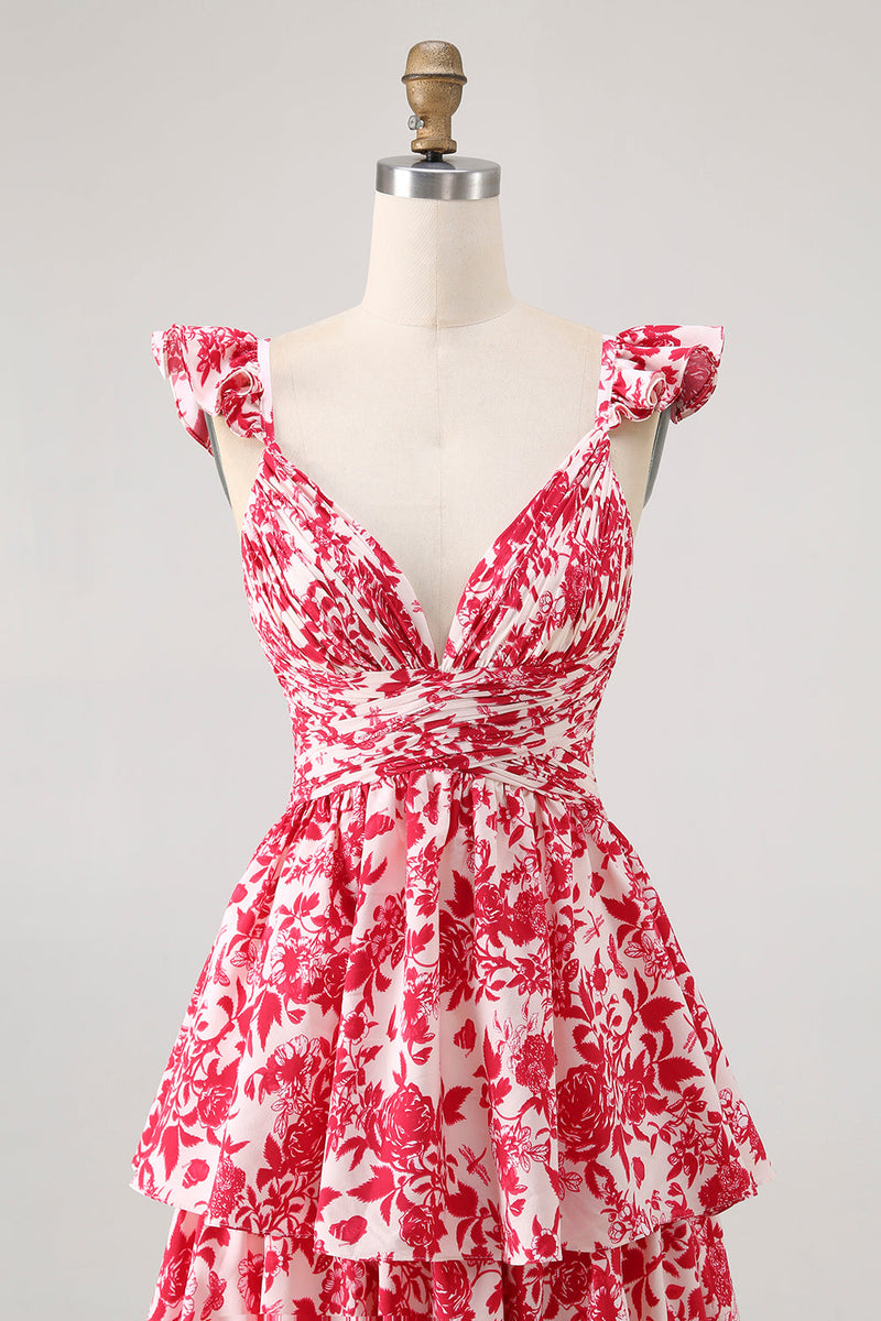 Laden Sie das Bild in den Galerie-Viewer, Blaues Geblümtes A-Linie Gestuftes Langes Brautjungfernkleid mit V-Ausschnitt