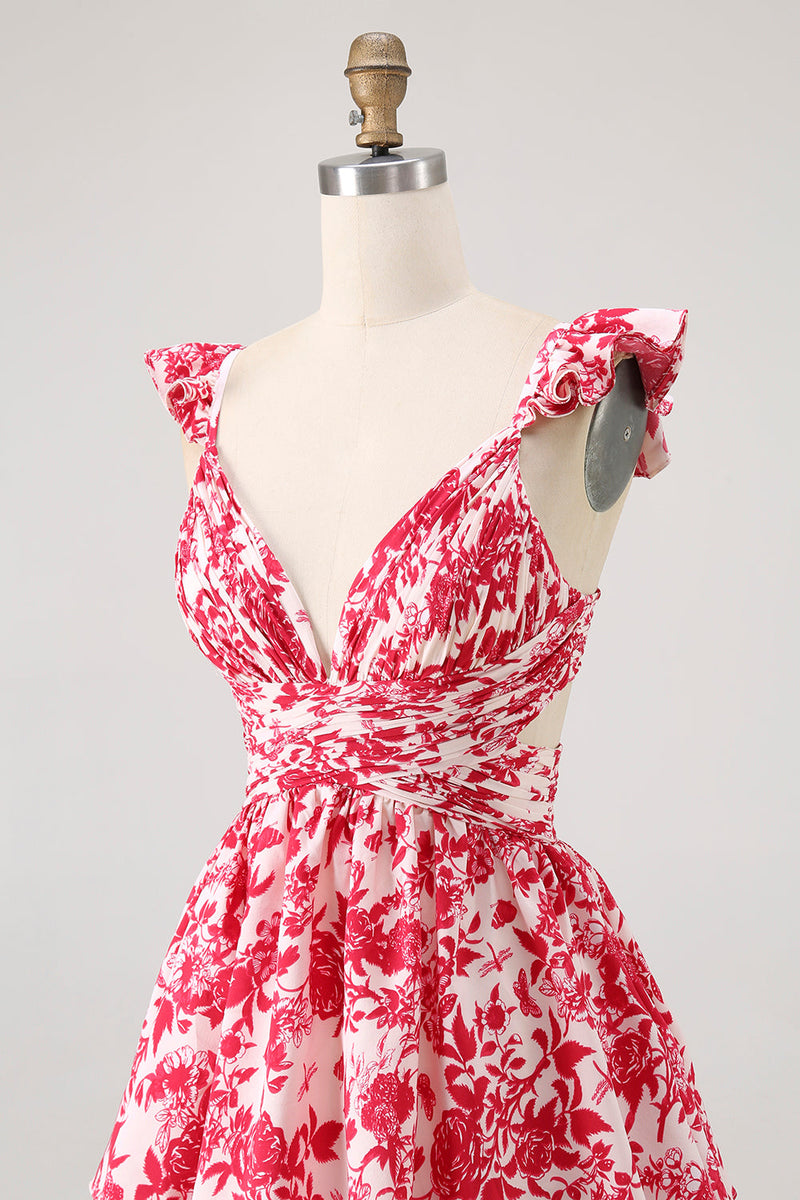 Laden Sie das Bild in den Galerie-Viewer, Blaues Geblümtes A-Linie Gestuftes Langes Brautjungfernkleid mit V-Ausschnitt