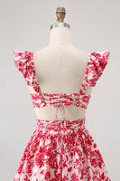 Laden Sie das Bild in den Galerie-Viewer, Blaues Geblümtes A-Linie Gestuftes Langes Brautjungfernkleid mit V-Ausschnitt