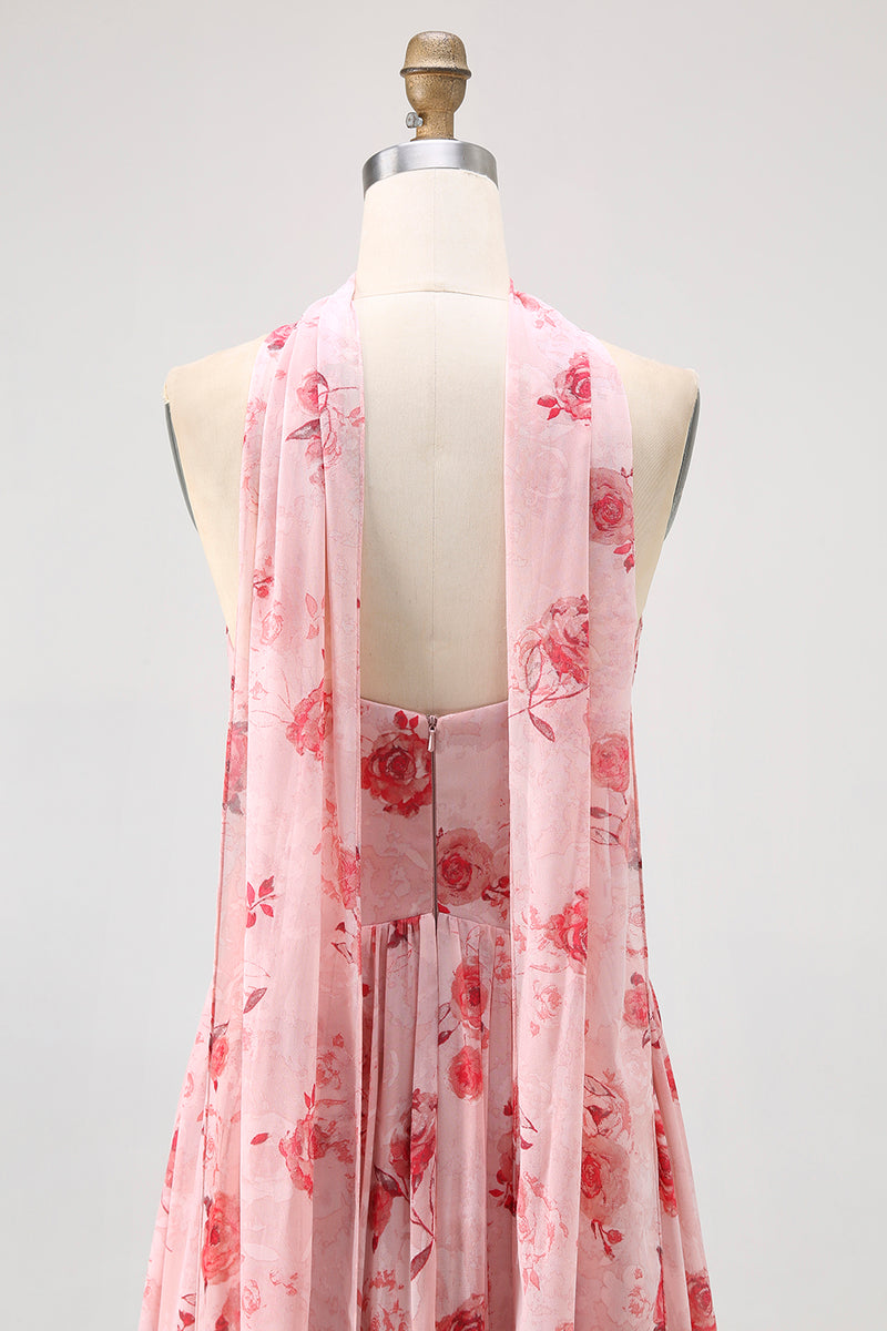 Laden Sie das Bild in den Galerie-Viewer, Altrosa A-Linie Trägerloses Blume Hochzeitsgastkleid mit Schlitz