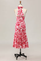 Laden Sie das Bild in den Galerie-Viewer, Meerjungfrau Neckholder Bedrucktes Rotes Blume Midi Hochzeitsgastkleid